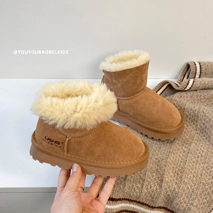 儿童皮毛一体雪地靴真皮真毛两穿中筒冬季保暖大棉靴男女童加绒靴