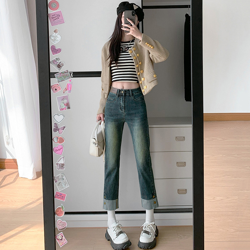 小众高腰设计脚边双扣弹力直筒女裤休闲百搭小个子法棍烟管裤女