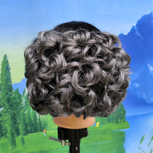 花白假发丸子头花白色卷发包旗袍走秀复古拉花花苞奶奶灰盘头假发