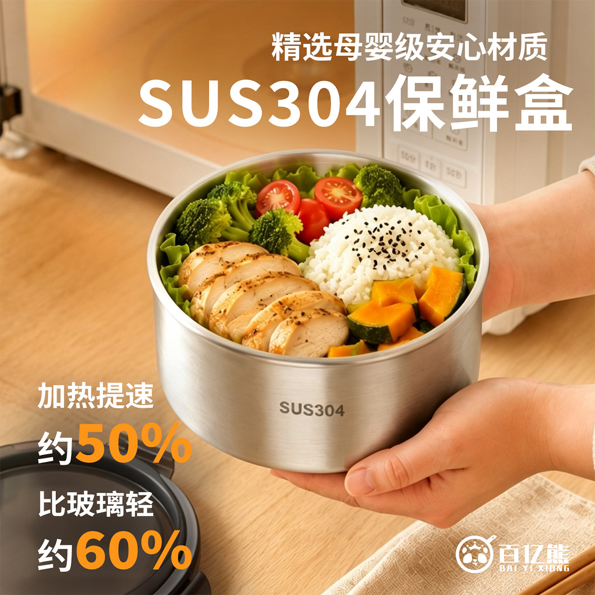 食品级304不锈钢碗带盖圆形保鲜盒冰箱专用可微波炉加热保温饭盒图片