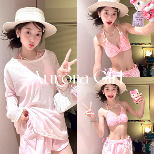 『Aurora Girl』清新泰国碎花比基尼蝴蝶结罩衫短裤保守分体泳衣