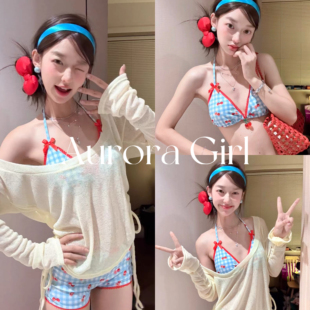 『Aurora Girl』樱桃y2k甜辣三角比基尼分体泳衣女平角裤保守罩衫