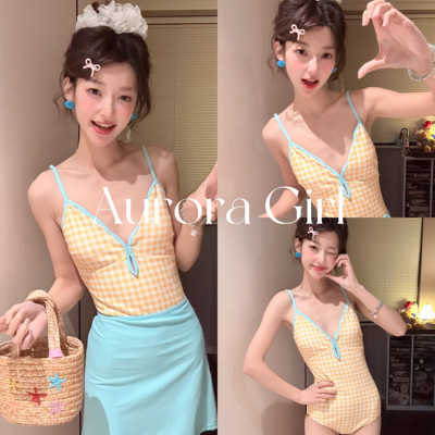 小清新格子显瘦三角连体泳衣