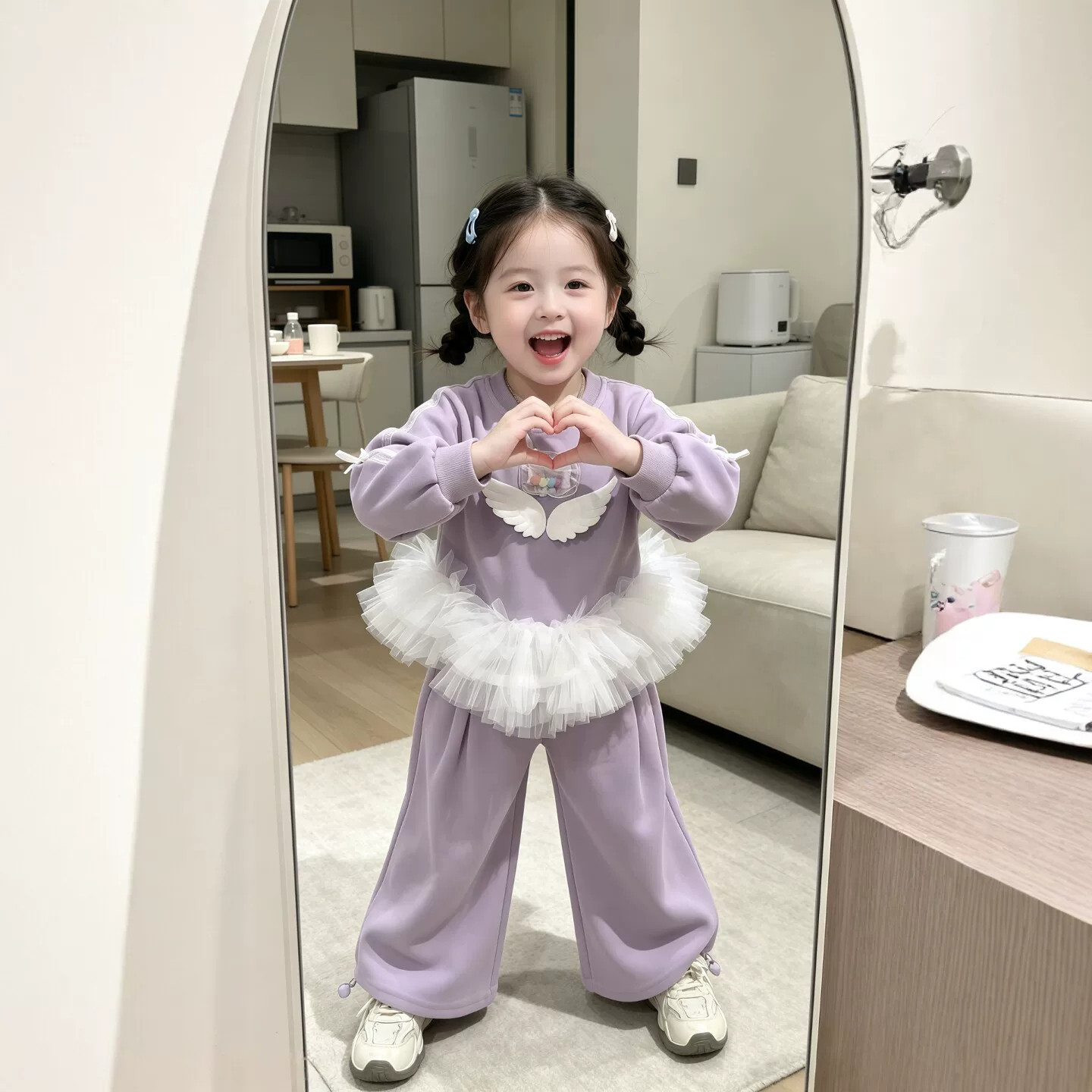 女童紫色卫衣套装2026秋季新款儿童翅膀拼纱上衣女宝宝时髦休闲裤