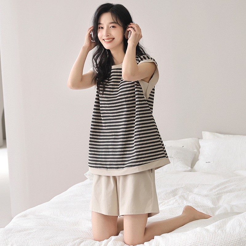 带胸垫睡衣女夏季新款纯棉无袖背心短裤薄款日系条纹可外穿家居服