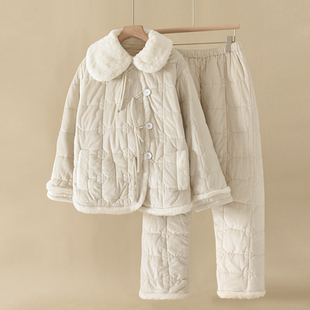 米色毛毛领加厚高品质珊瑚绒睡衣三层夹棉套装厚实保暖家居服冬装