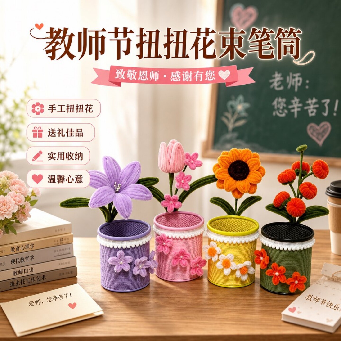 教师节扭扭棒花朵笔筒