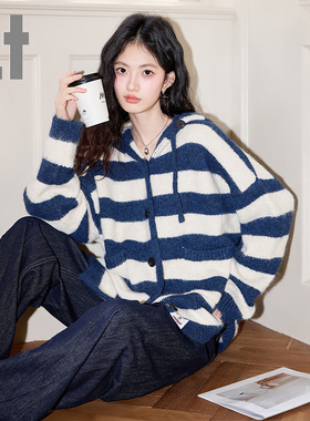 it:CHOCOOLATE春秋季时尚条纹毛衣女宽松百搭休闲连帽开衫针织衫