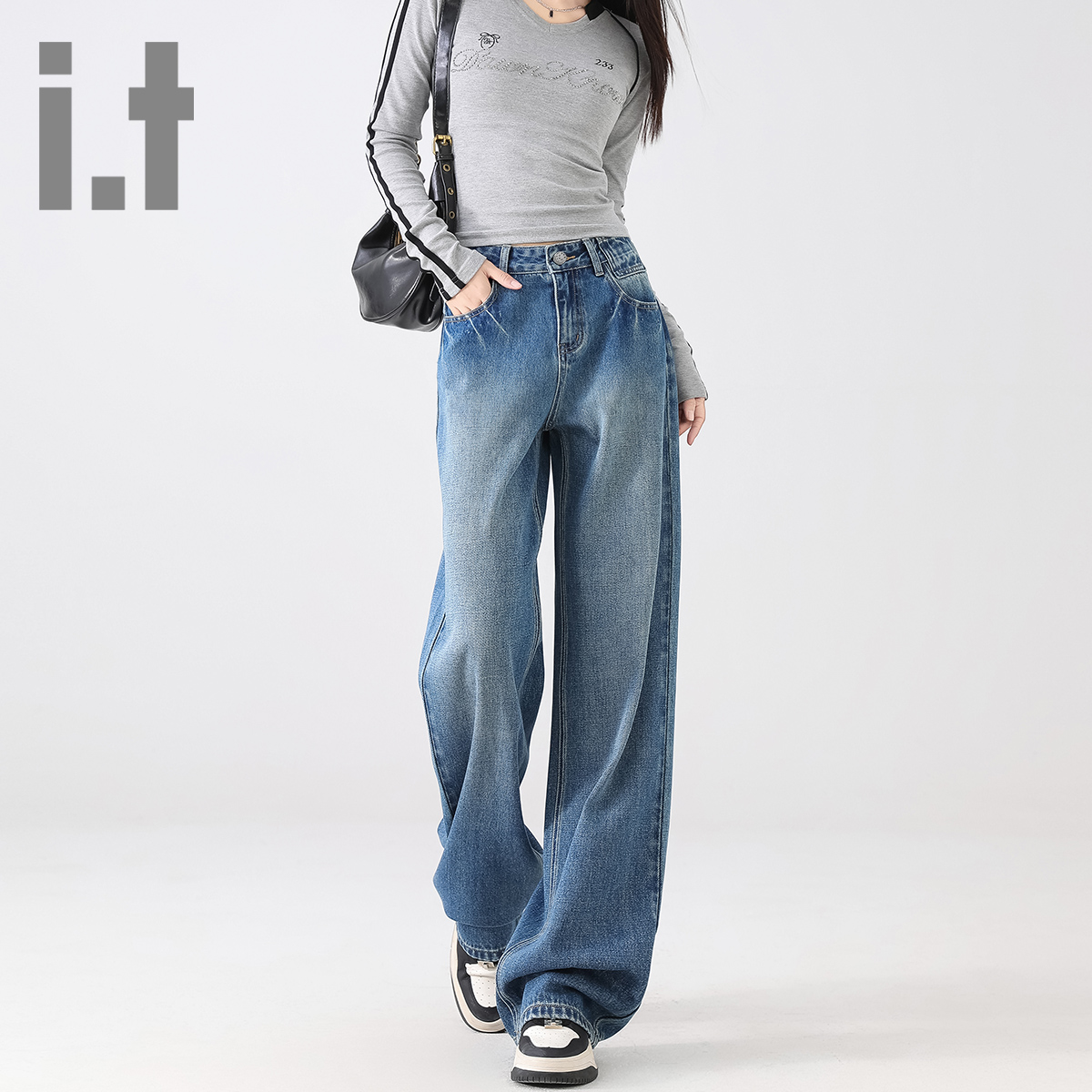 itCHOCOOLATE美式直筒牛仔裤女