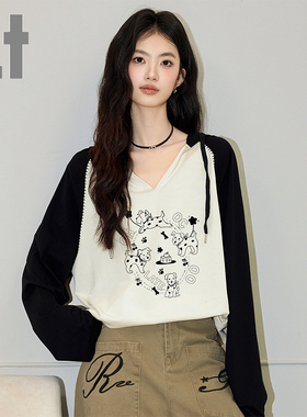 it:CHOCOOLATE2025春秋套头长袖T恤女宽松百搭印花撞色连帽上衣服