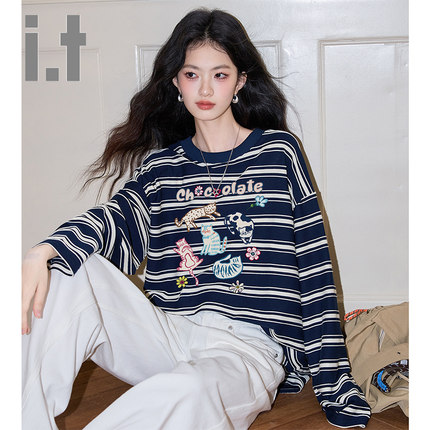 it:CHOCOOLATE2025春秋新款圆领长袖时尚印花T恤女条纹拼接上衣服