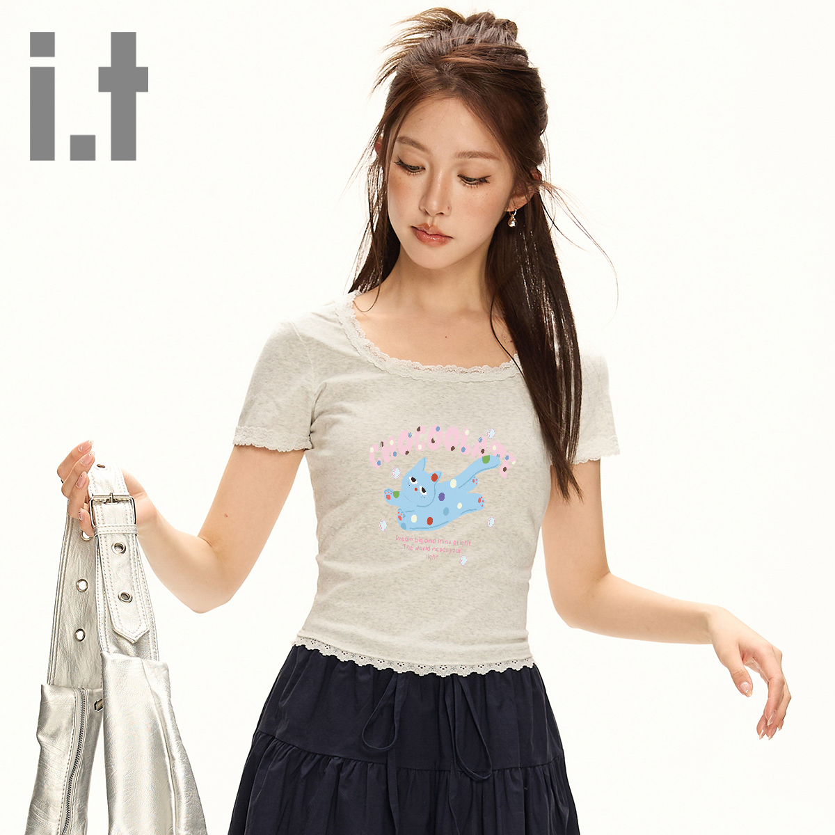 it:CHOCOOLATE花边印花短袖T恤女夏季时尚休闲百搭短款显瘦体恤衫