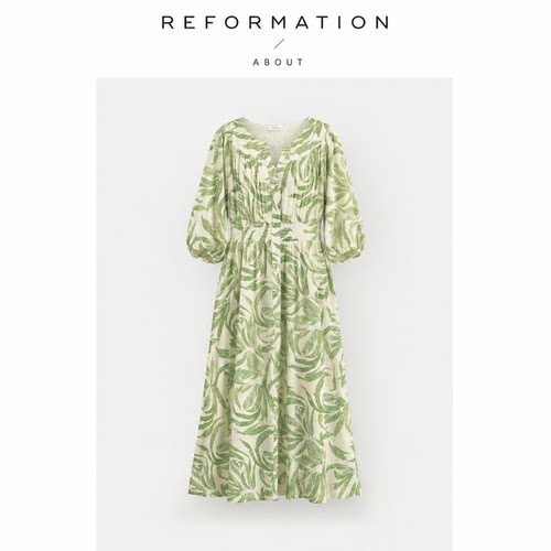 【现货】About Reformation夏法式V领连衣裙灯笼袖收腰开叉长裙女