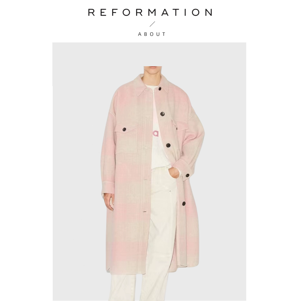 【现货】About Reformation淡粉格子宽松羊毛呢子外套风衣大衣女