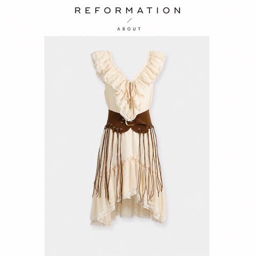 【现货】About Reformation法式重工木耳边V领蕾丝叠层吊带连衣裙