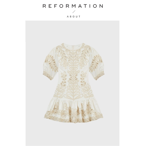 【现货】About Reformation法式钩织镂空圆领泡泡袖荷叶边连衣裙