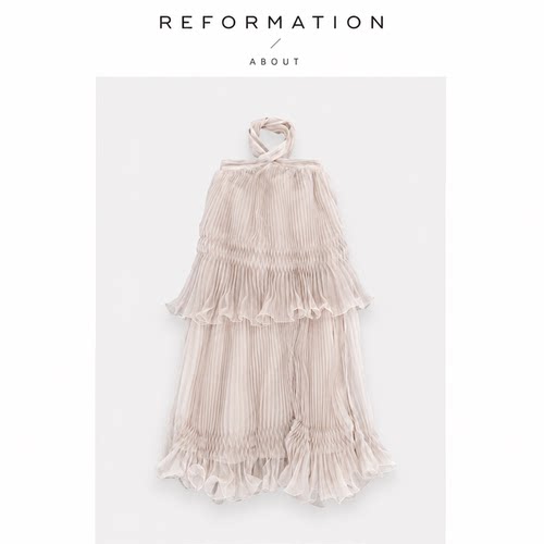 【现货】About Reformation法式浪漫露背薄纱压褶挂脖绑带连衣裙