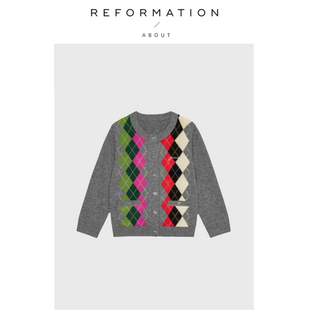 现货 羊毛混纺短款 About 25经典 针织衫 Reformation菱格纹开衫