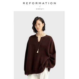 【现货】About Reformation廓形小V领针织100%绵羊毛大廓形针织衫
