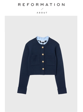 【现货】About Reformation可拆卸蕾丝花边领深蓝羊毛针织短外套