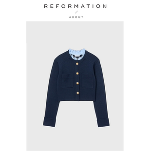 Reformation可拆卸蕾丝花边领深蓝羊毛针织短外套 About 现货