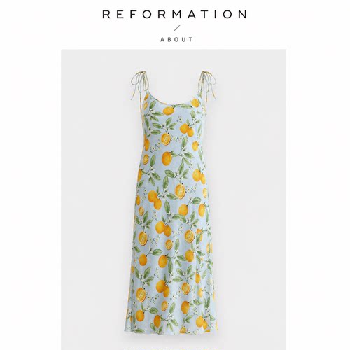 【现货】About Reformation法式真丝印花绑带长裙斜裁连衣裙显瘦