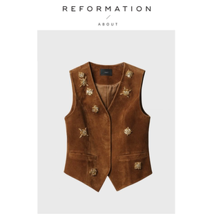 Reformation麂皮绒背心重工手工钉珠老钱风马甲 About 现货