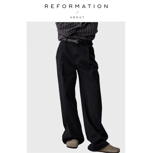 【现货】About Reformation黑色牛仔裤女显瘦百搭阔腿裤直筒裤子