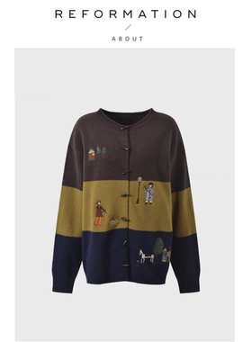 【现货】About Reformation牛角扣圆领童趣卡通刺绣宽松针织开衫