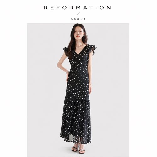【现货】About Reformation飞飞袖波点连衣裙收腰显瘦V领露背长裙