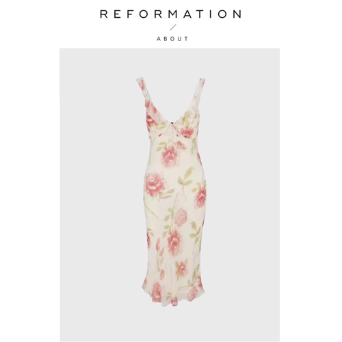 【现货】About Reformation法式纯欲风浪漫荷叶印花V领斜裁鱼尾裙