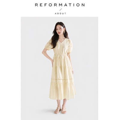 【现货】About Reformation花边拼接腰节抽绳仙女收腰茶歇连衣裙