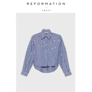 现货 蓝条纹镂空短款 About 饰时髦衬衫 衬衣 Reformation珍珠装