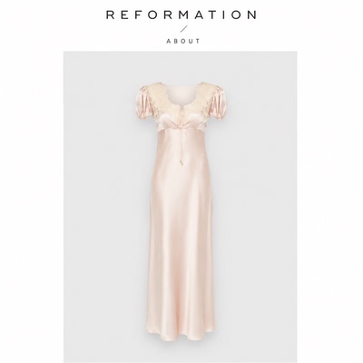 【现货】About Reformation一枝南南蕾丝边真丝缎法式短袖连衣裙