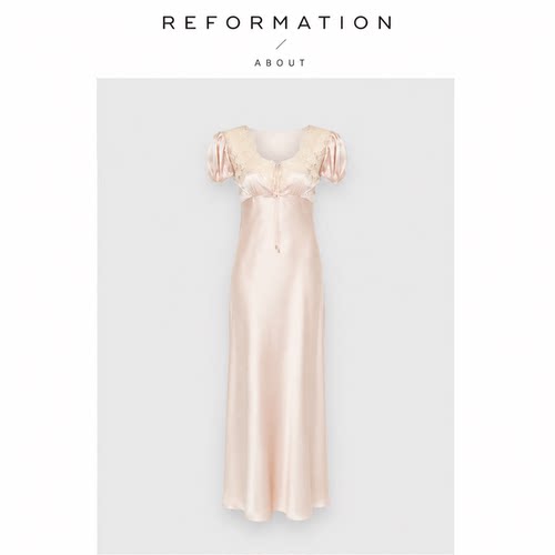 【现货】About Reformation一枝南南蕾丝边真丝缎法式短袖连衣裙