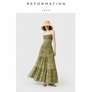 【现货】About Reformation豹纹绿方领打揽吊带长裙轻盈透气法式