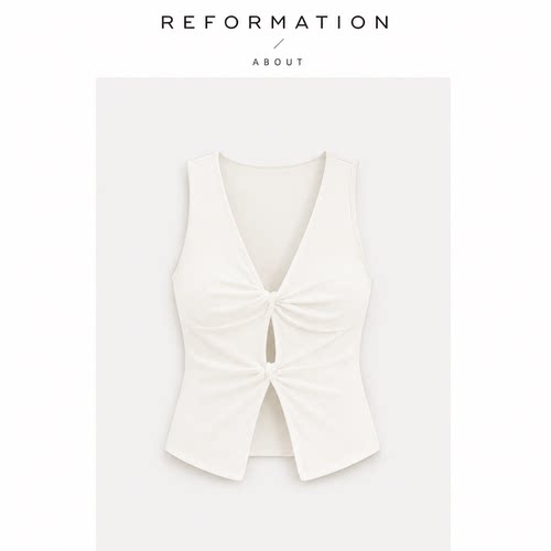 【现货】About Reformation新款纯色V领修身显瘦纯棉上衣纯欲性感
