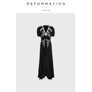 【现货】About Reformation修身长款连衣裙轻奢重工刺绣钉珠裙子