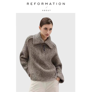 Reformation高领半门襟包边羊毛毛衣女翻领针织衫 About 现货