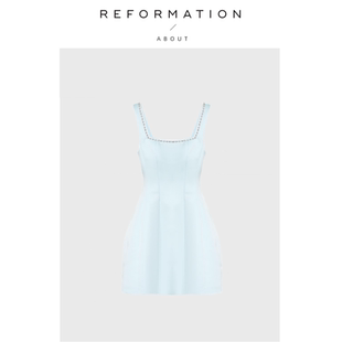 Reformation王心凌款 About 重工镶钻方领露背吊带连衣裙 现货
