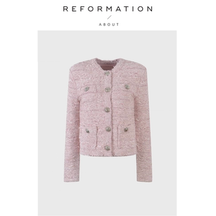 现货 通勤长袖 About 法式 金属扣外套 Reformation圆领小香开衫