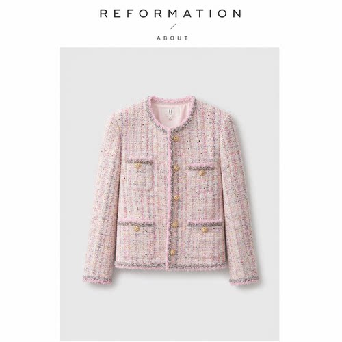 【现货】About Reformation法式千金风浪漫粉羊毛花纱粗花呢外套