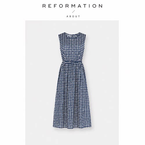 【现货】About Reformation格子印花棉质圆领无袖收腰显瘦连衣裙