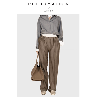 【现货】About Reformation羊毛高腰直筒阔腿裤休闲烟管西裤拼接