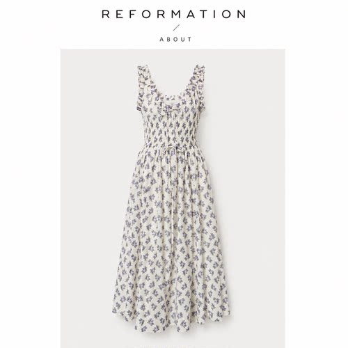 【现货】About Reformation经典4米碎花度假田园风褶皱抽绳连衣裙