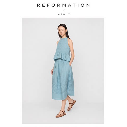 【现货】About Reformation背心+半裙夏季蓝色褶皱无袖上衣长裙