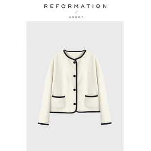 Reformation白色羊毛黑边围巾时尚 About 毛呢大衣外套 现货