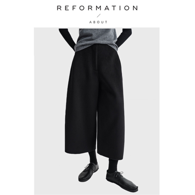 【现货】About Reformation休闲羊毛羊绒双面呢阔腿立裁弧形8分裤