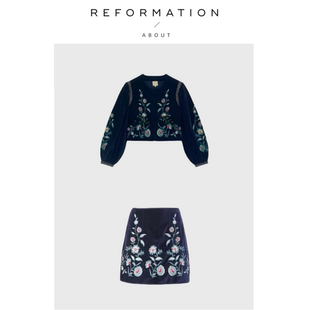 【现货】About Reformation套装法式蓝复古天鹅绒刺绣外套半裙