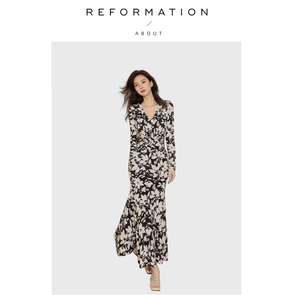 【现货】About Reformation法式黑白花长袖鱼尾裙修身v领连衣裙